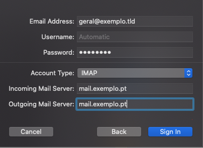 Apple Mail Client Configuração servidor